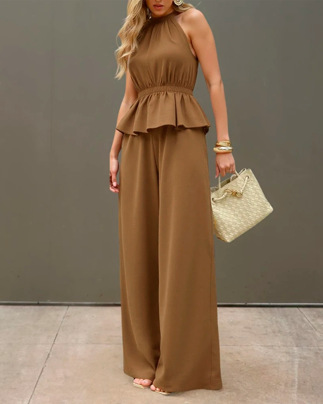 Jumpsuit Women's Halter Neck Peplum Wide Leg Elegant