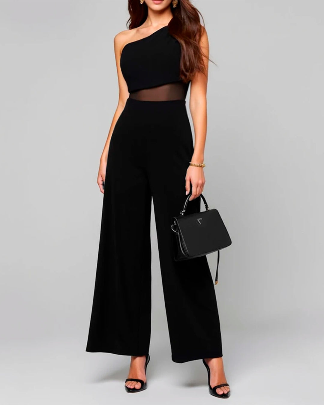 Jumpsuit Women's One Shoulder Mesh Wide Leg Party