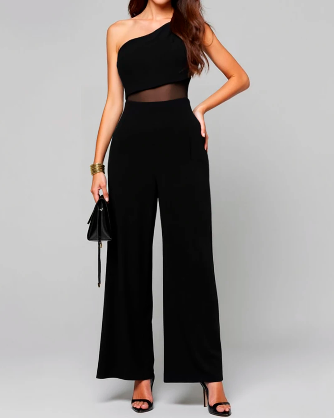 Jumpsuit Women's One Shoulder Mesh Wide Leg Party