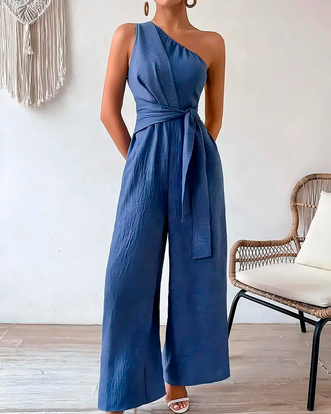 Jumpsuit Women's One Shoulder Wide Leg Tie Waist