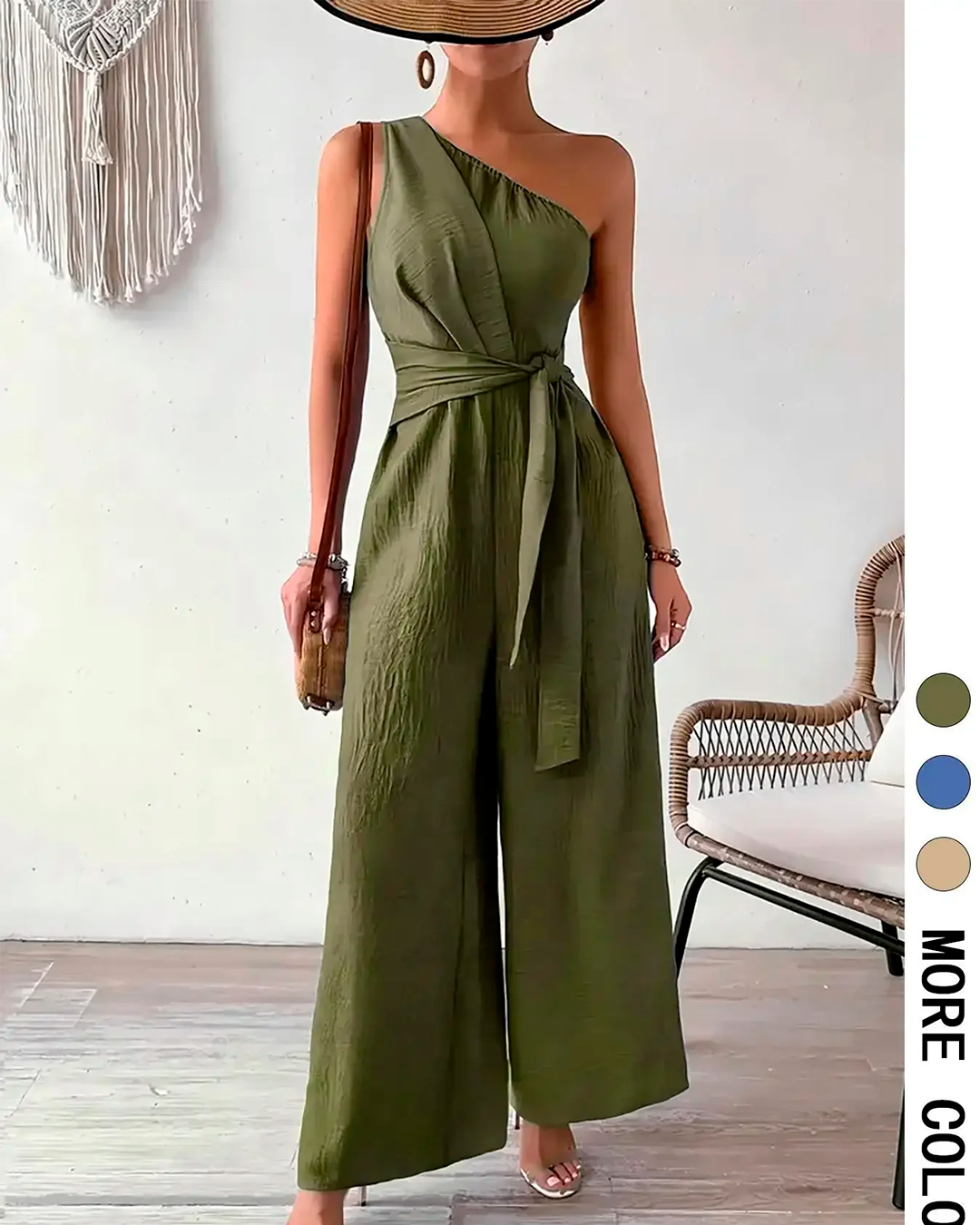 Jumpsuit Women's One Shoulder Wide Leg Tie Waist