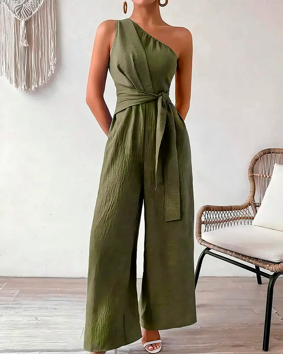 Jumpsuit Women's One Shoulder Wide Leg Tie Waist