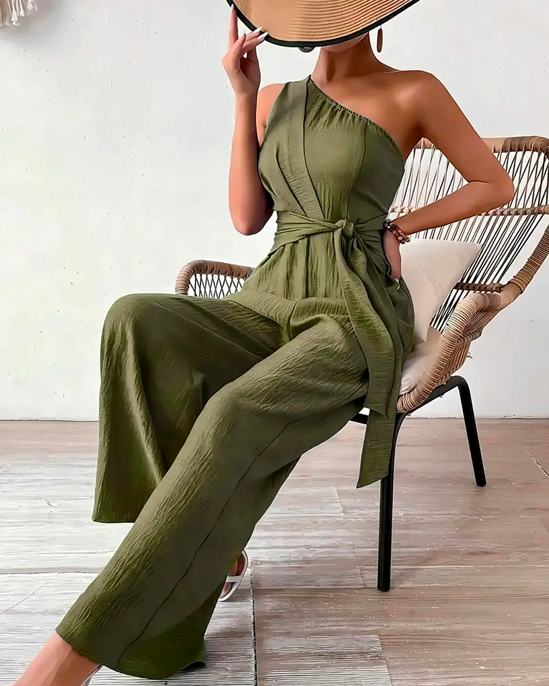 Jumpsuit Women's One Shoulder Wide Leg Tie Waist