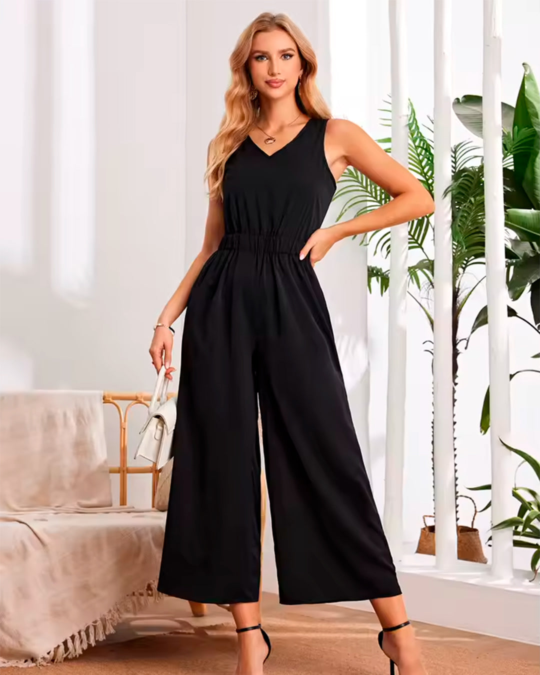 Jumpsuit Women's V Neck Strap Cropped Wide Leg Modern Casual