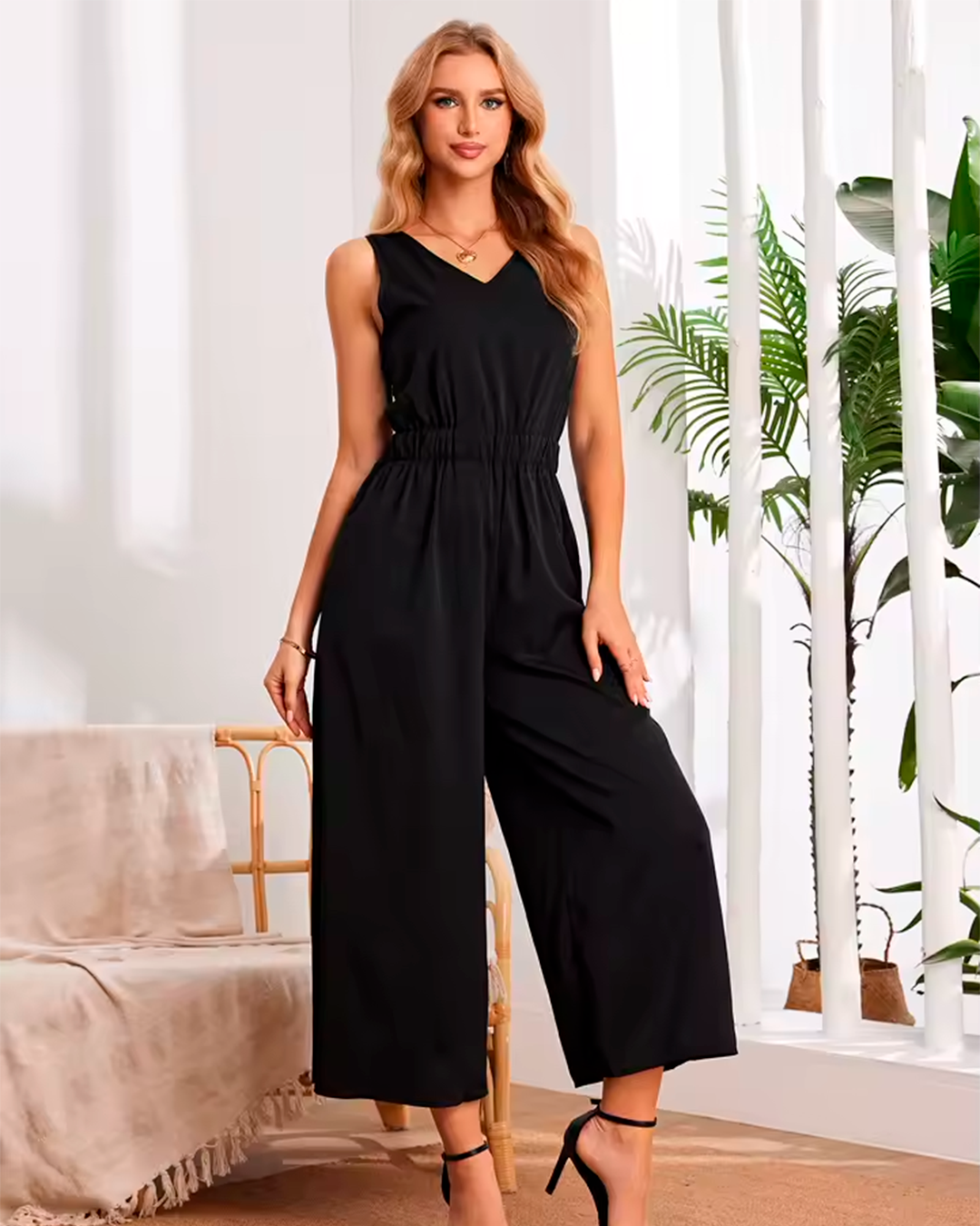 Jumpsuit Women's V Neck Strap Cropped Wide Leg Modern Casual
