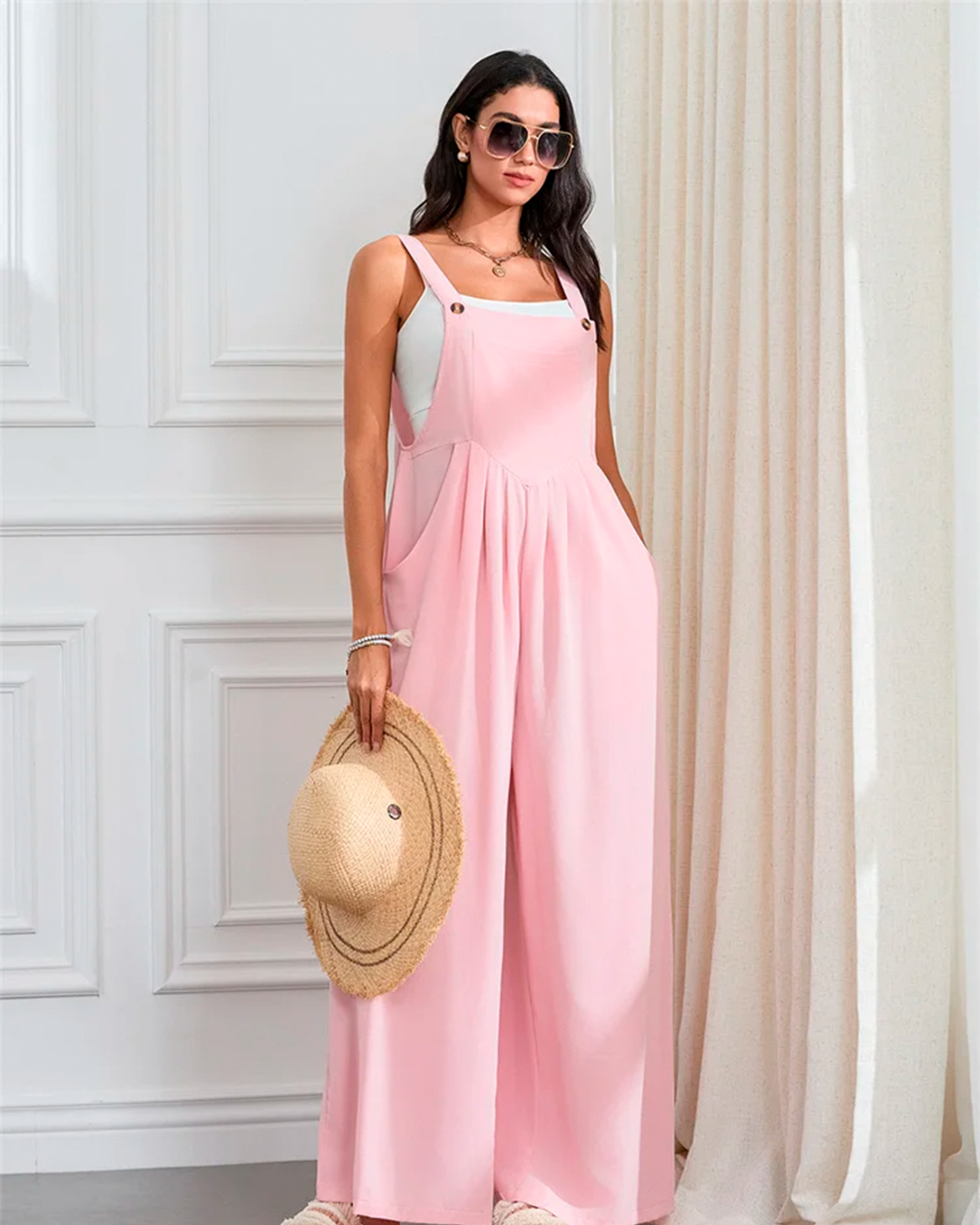 Jumpsuit Women's Wide Leg Pink Strap Casual