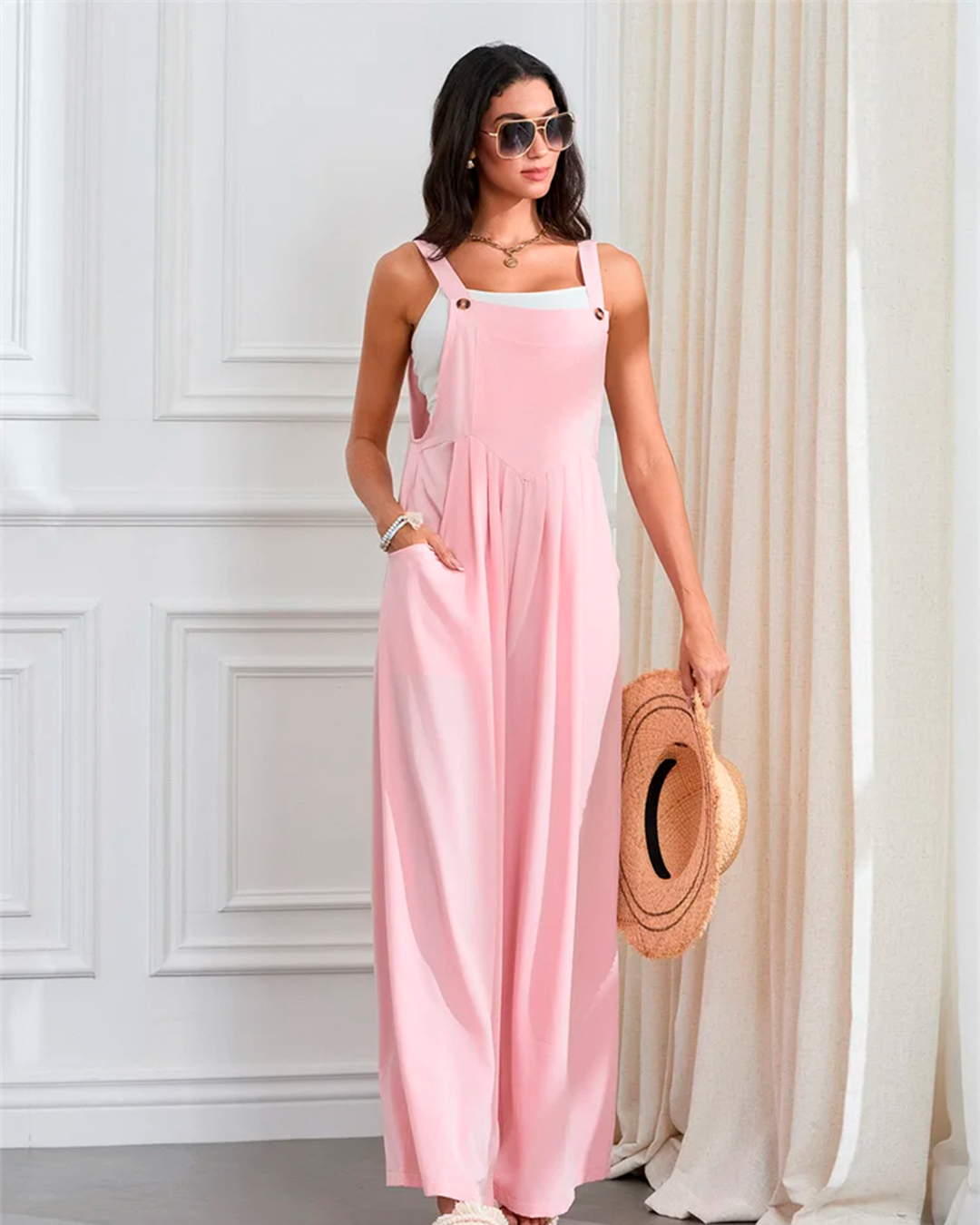 Jumpsuit Women's Wide Leg Pink Strap Casual