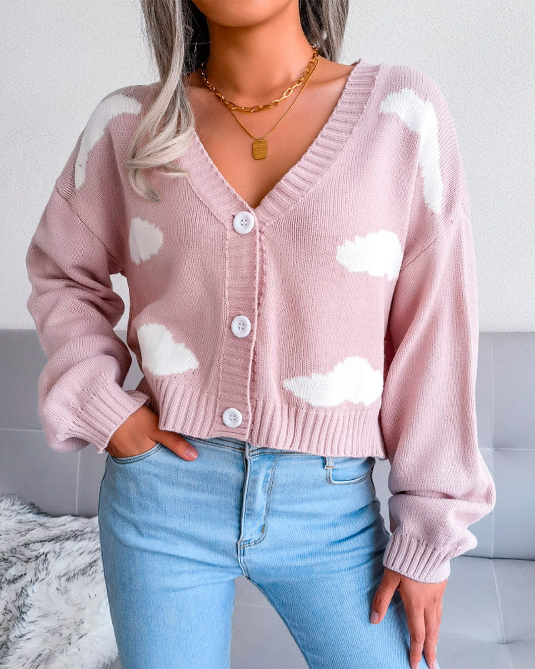Knitted Cloud Print Button Blouse