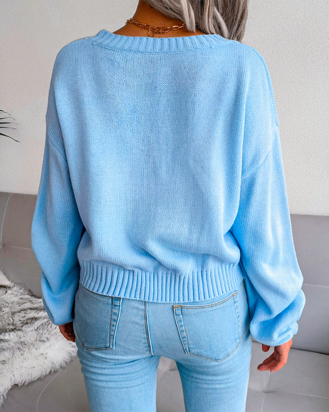 Knitted Cloud Print Button Blouse