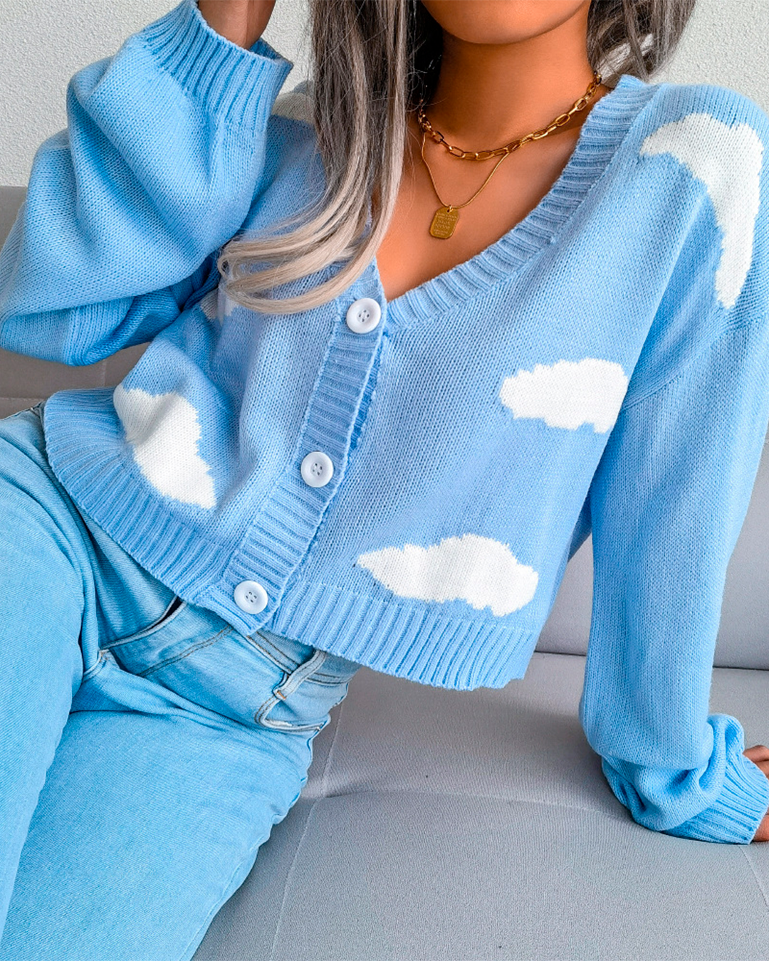 Knitted Cloud Print Button Blouse