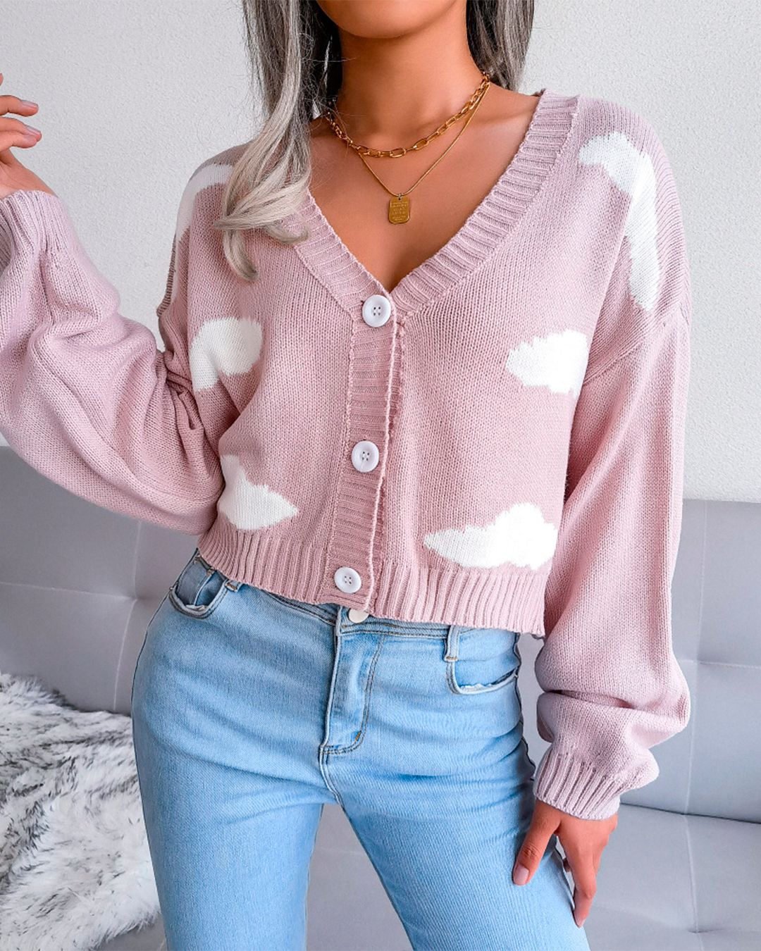 Knitted Cloud Print Button Blouse
