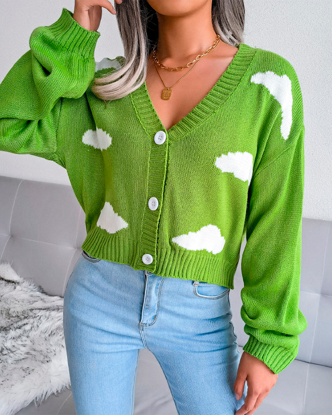 Knitted Cloud Print Button Blouse