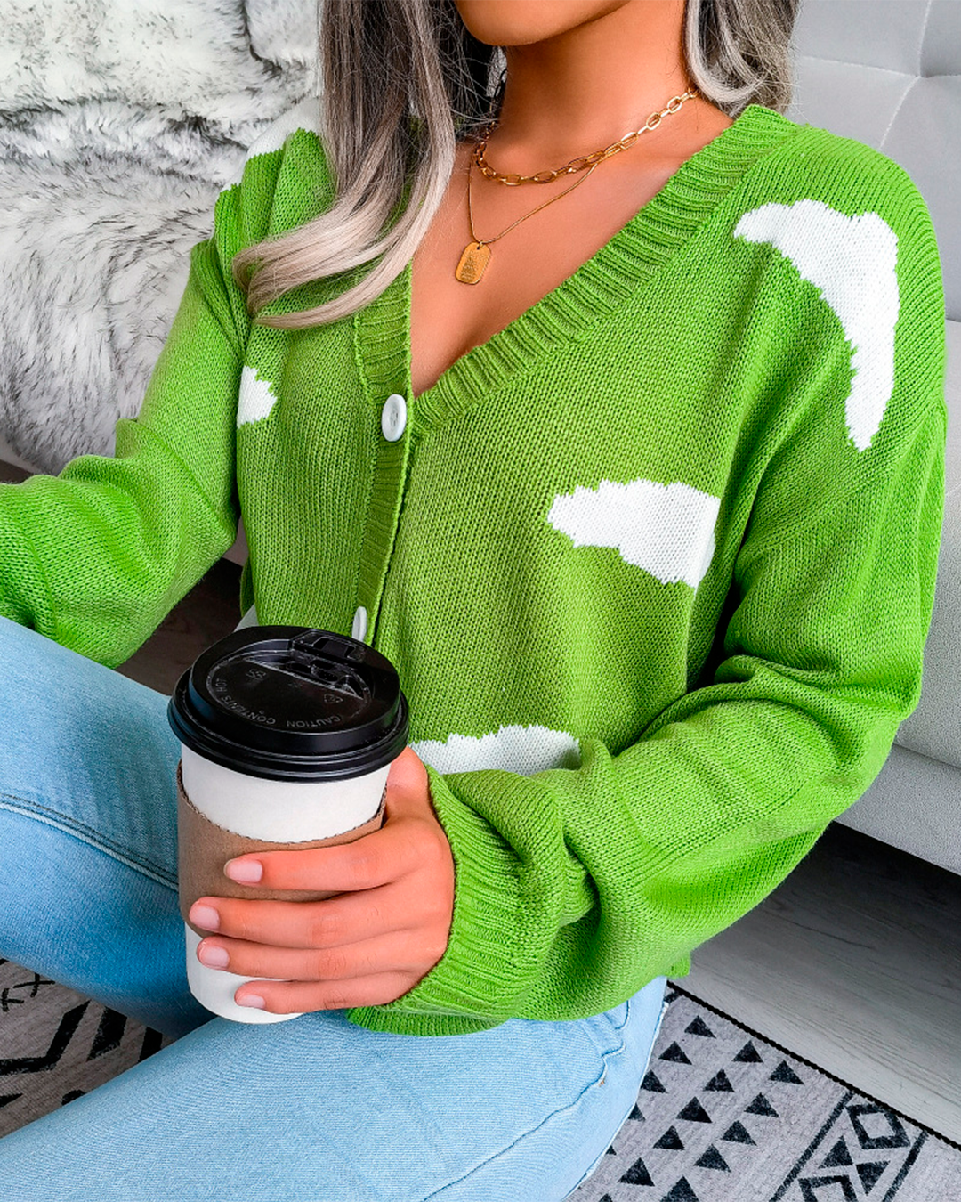 Knitted Cloud Print Button Blouse
