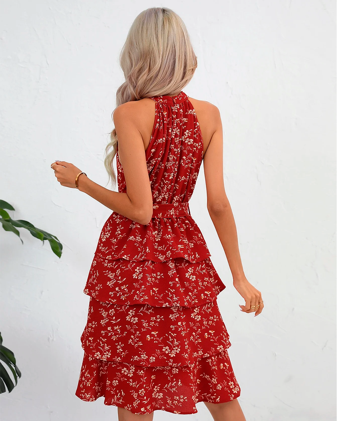 Layered Floral High Neck Midi Dress in Red Dress