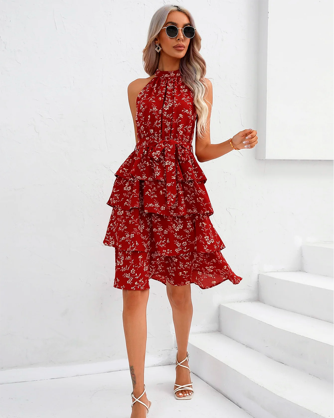 Layered Floral High Neck Midi Dress in Red Dress
