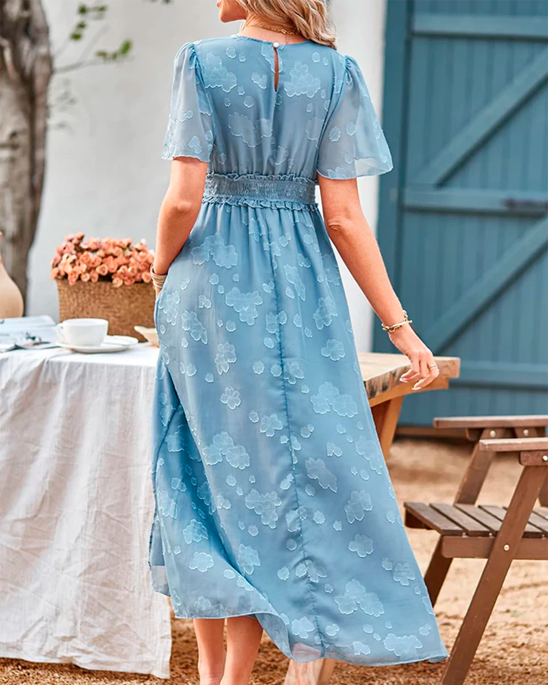 Long Blue Dress V Neck with Floral Embroidery