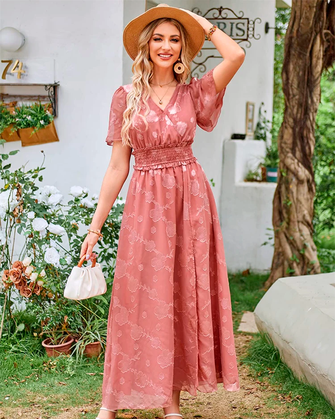 Long Blue Dress V Neck with Floral Embroidery