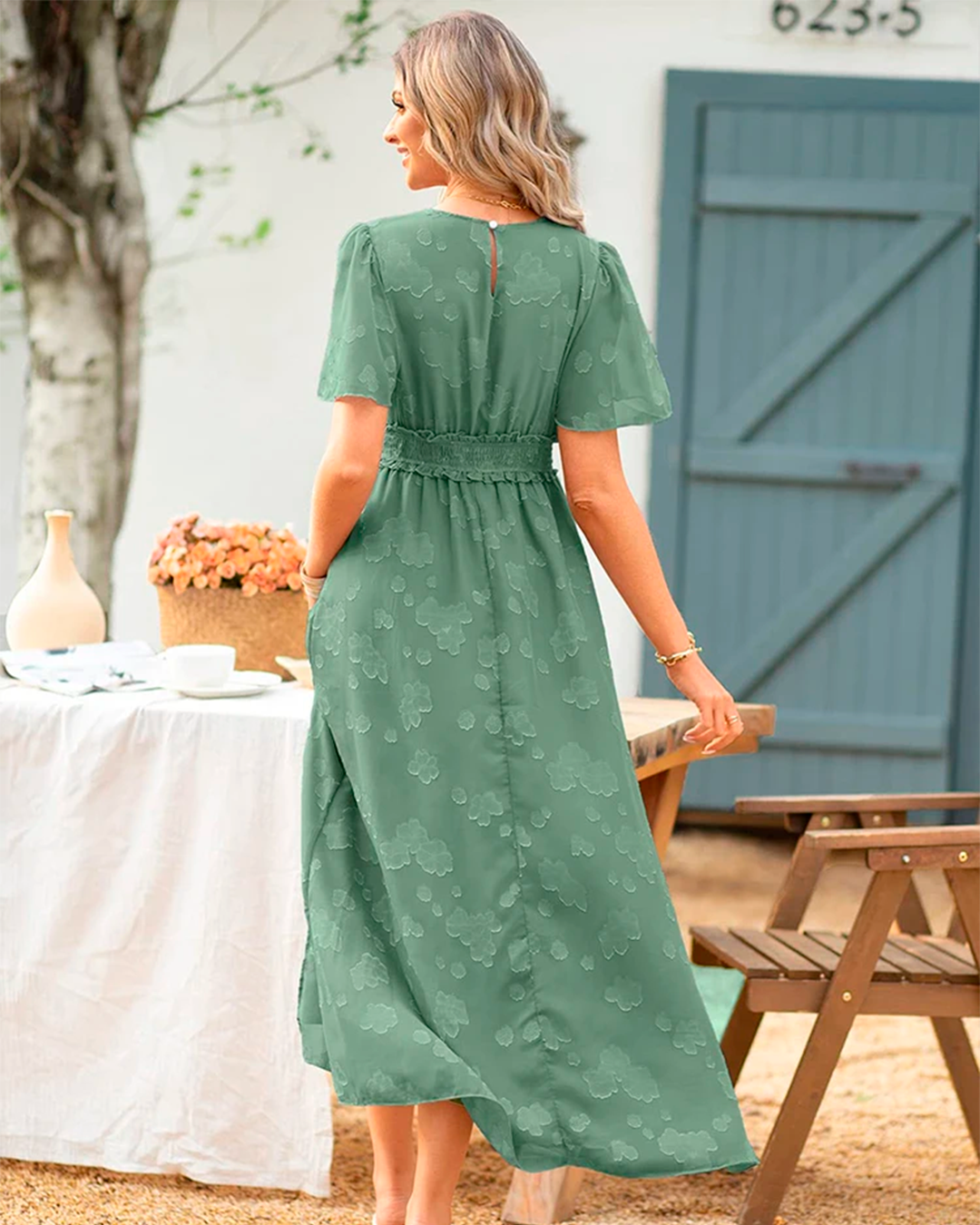 Long Blue Dress V Neck with Floral Embroidery