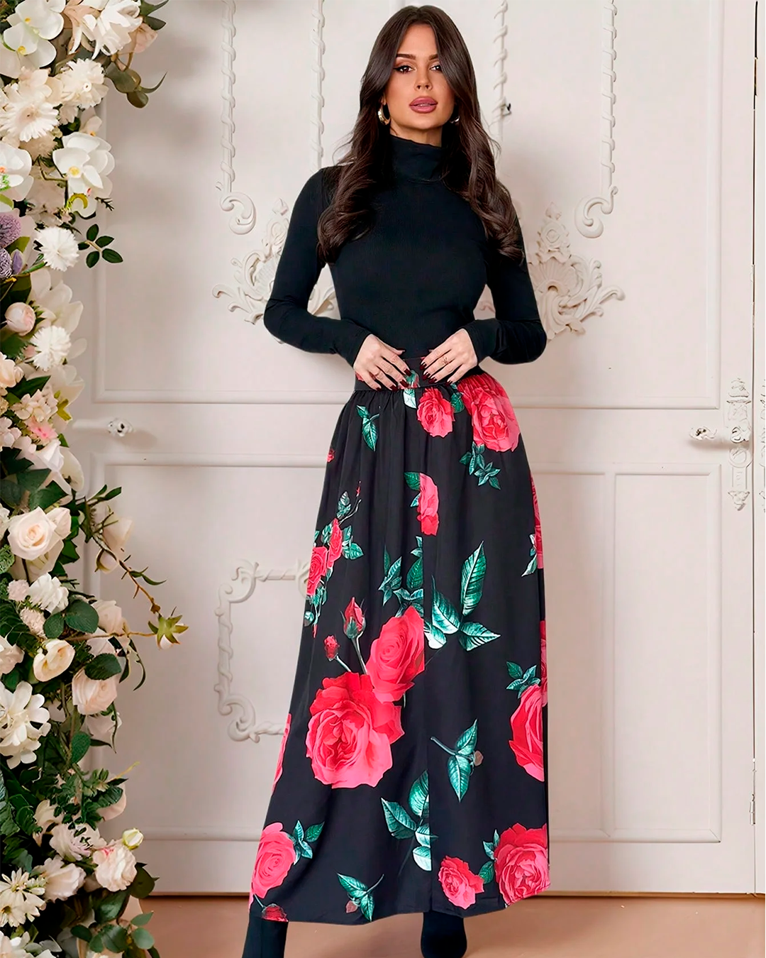 Long Sleeve Long Dress with Rose Print