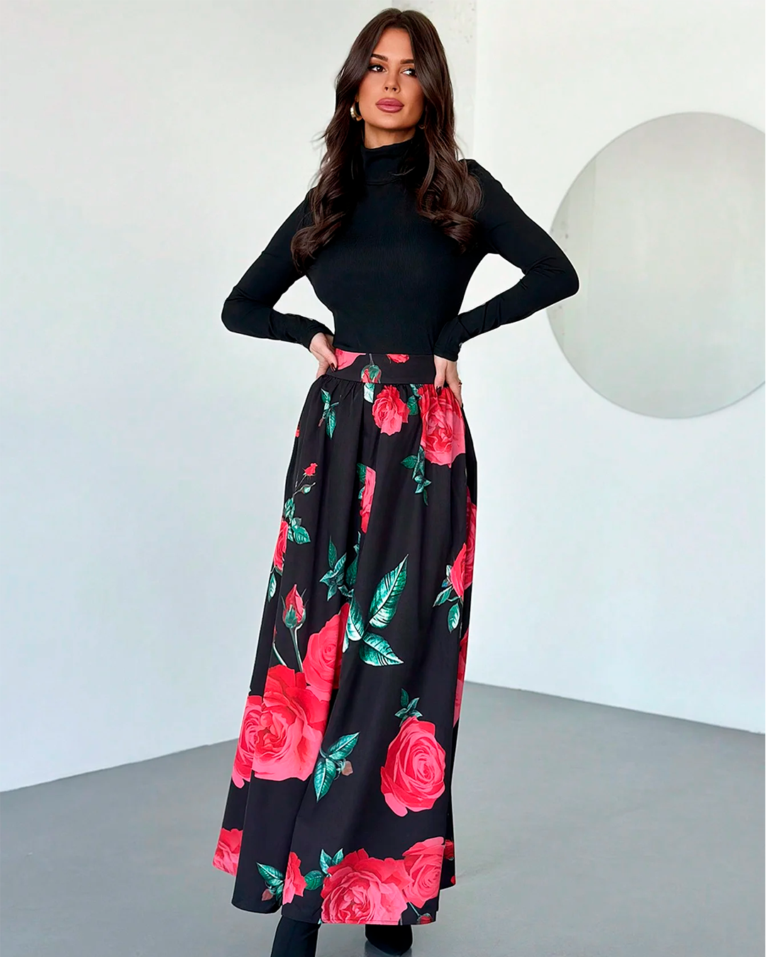 Long Sleeve Long Dress with Rose Print