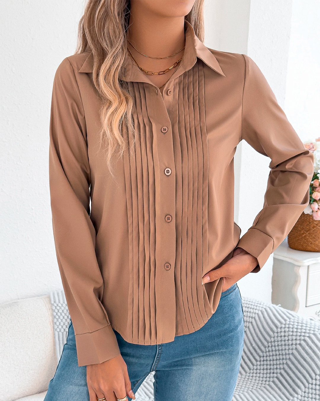 Long Sleeve Pleated Social Blouse