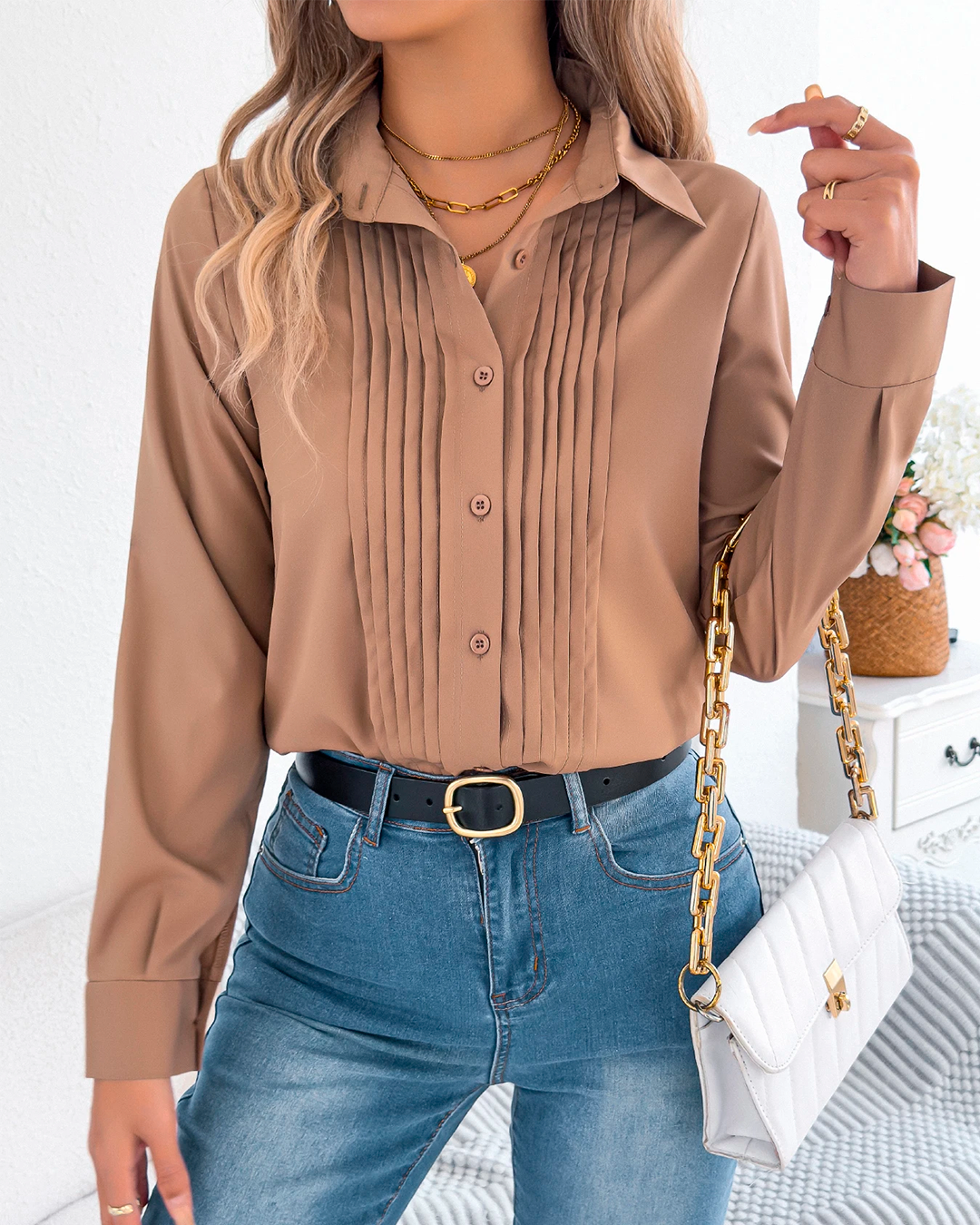 Long Sleeve Pleated Social Blouse