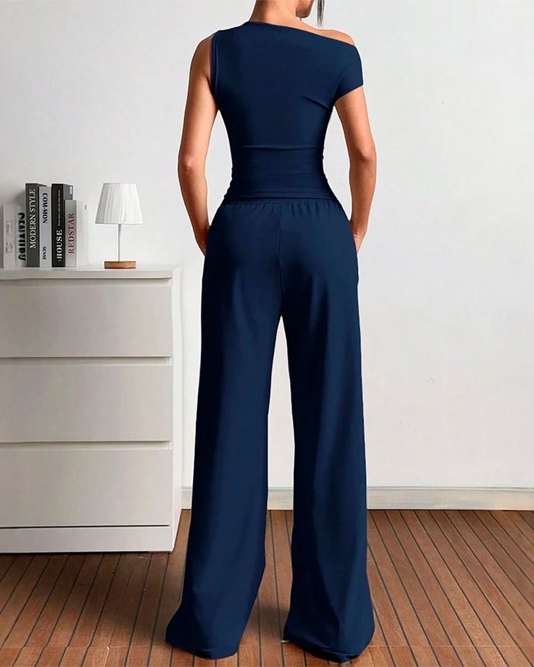 Navy Blue Women’s One Shoulder Wide-Leg Jumpsuit Casual Soft Knit
