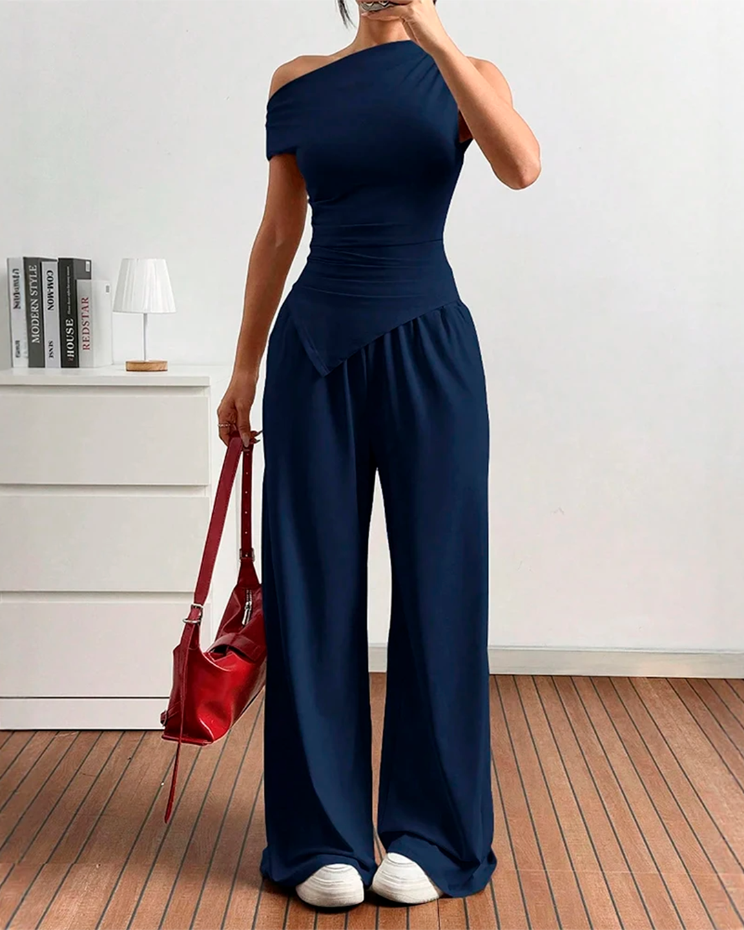 Navy Blue Women’s One Shoulder Wide-Leg Jumpsuit Casual Soft Knit
