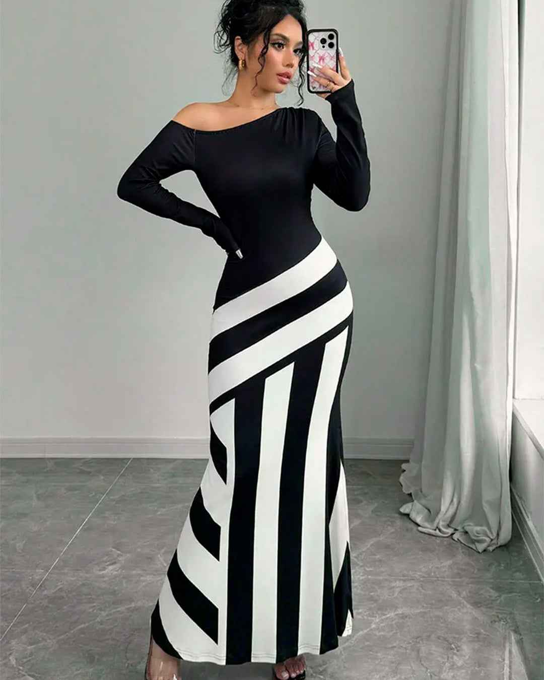 Long One-Shoulder Geometric Dress