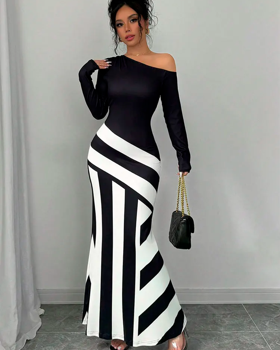Long One-Shoulder Geometric Dress