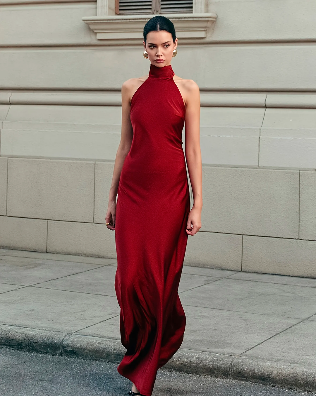 Plain Elegant Halter Long Red Dress