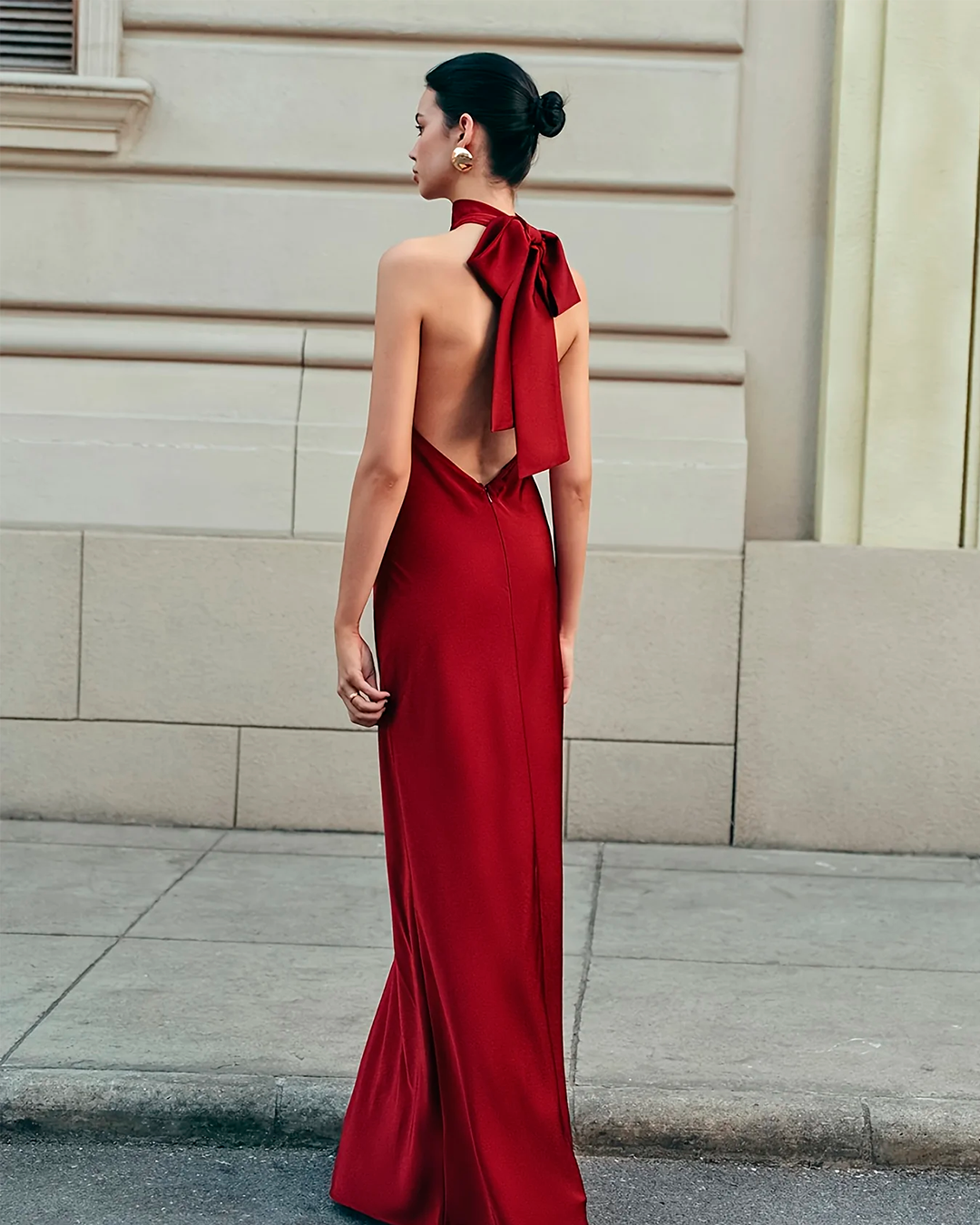 Plain Elegant Halter Long Red Dress
