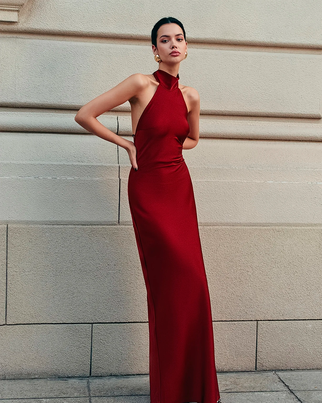 Plain Elegant Halter Long Red Dress