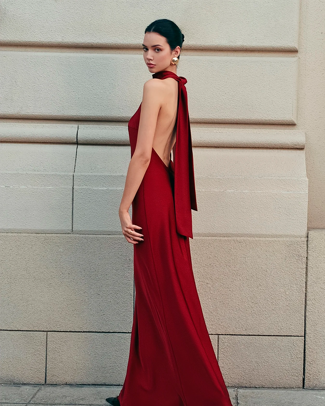 Plain Elegant Halter Long Red Dress