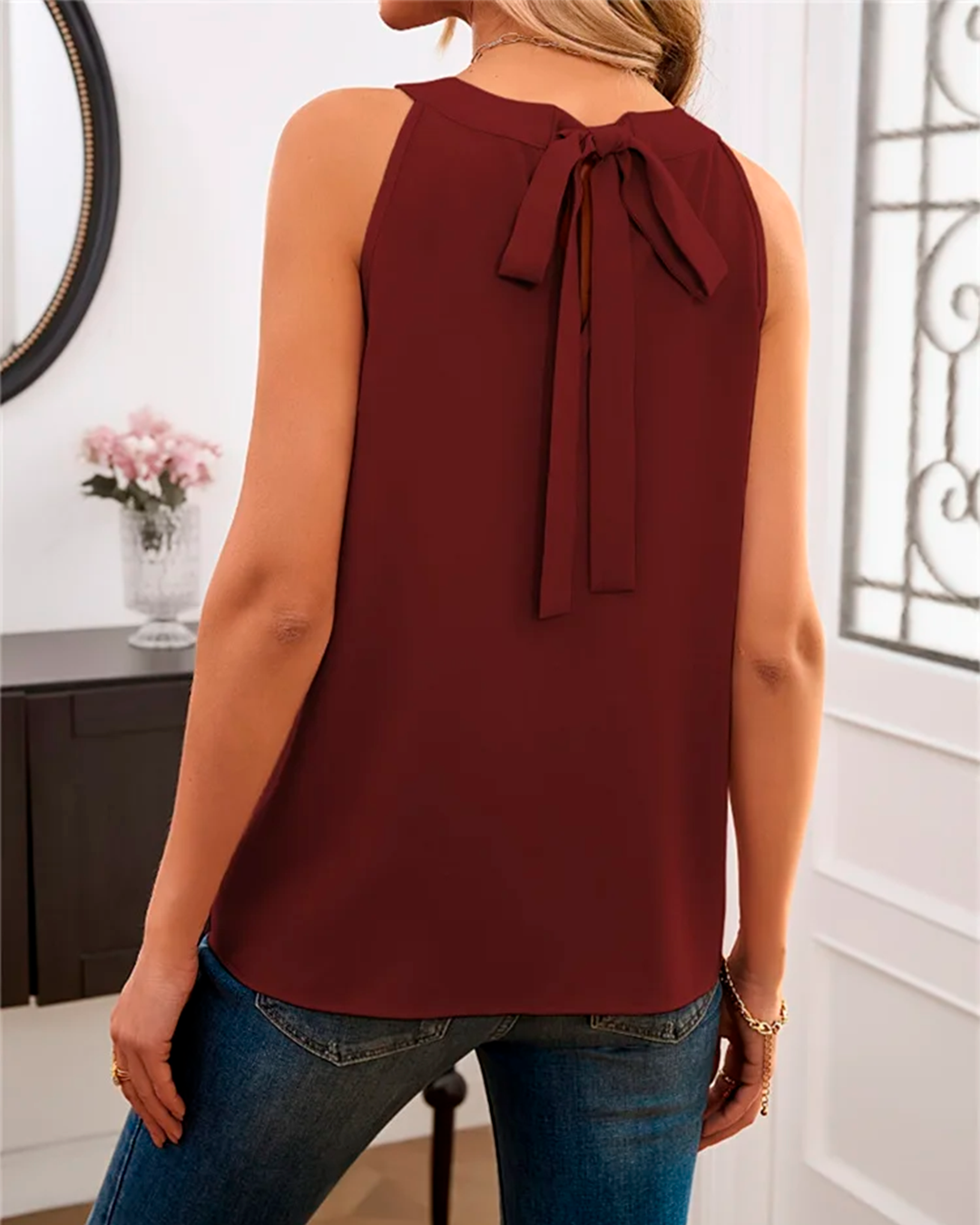 Pleated High Neck Sleeveless Blouse