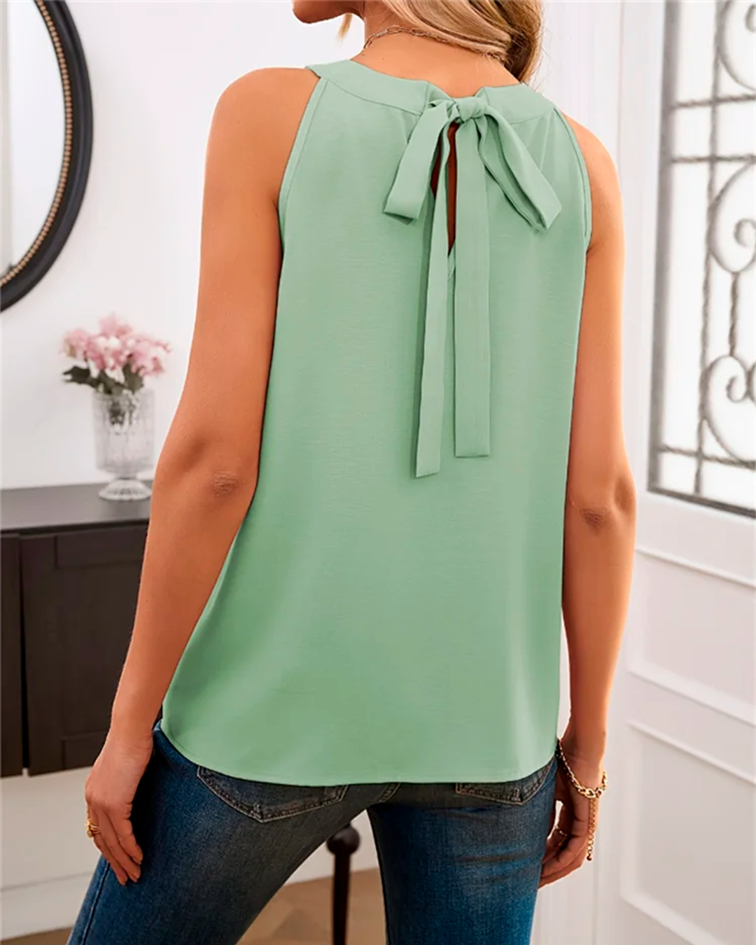 Pleated High Neck Sleeveless Blouse