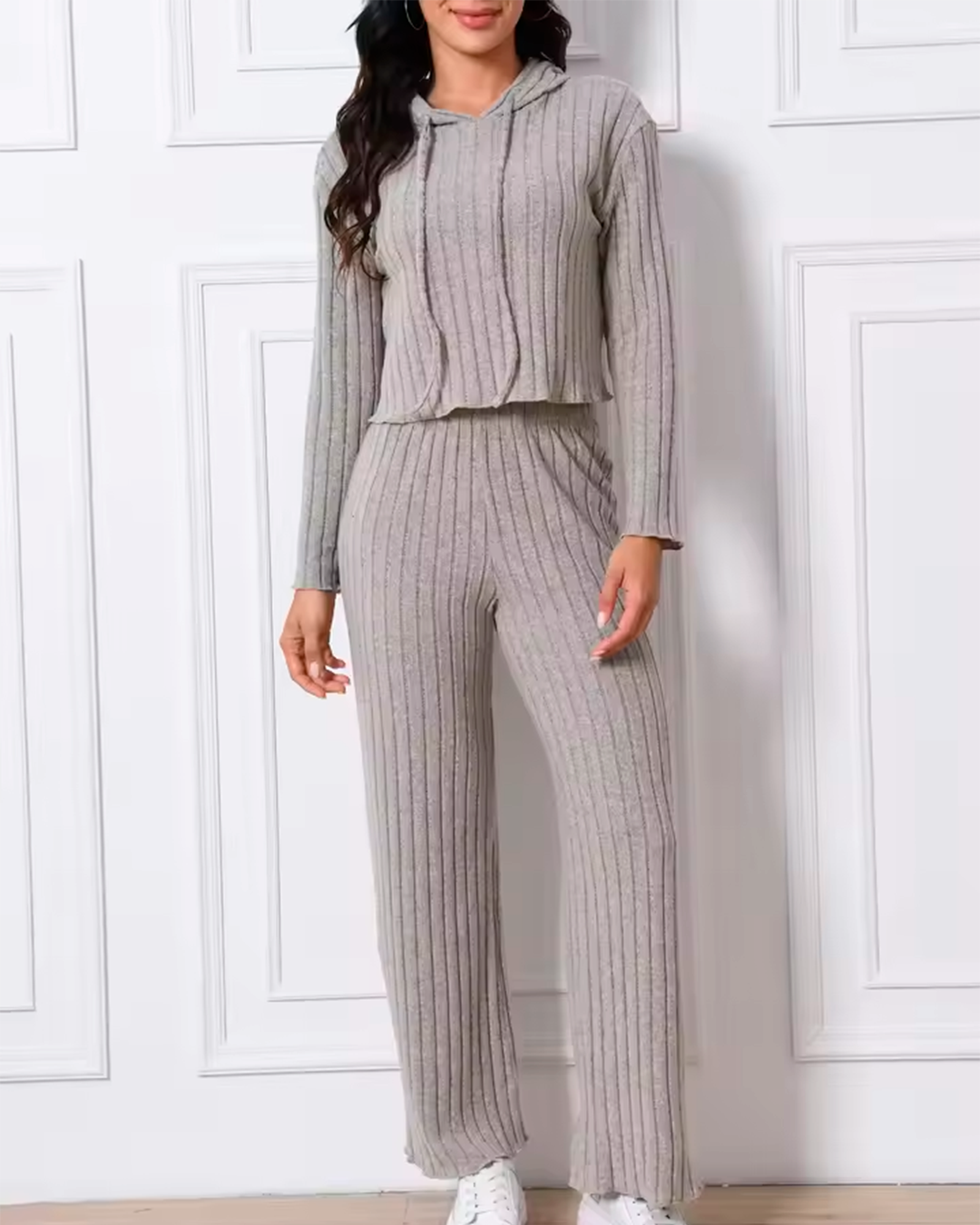 Ensemble Maille Côtelée Hoodie + Pantalon Droit