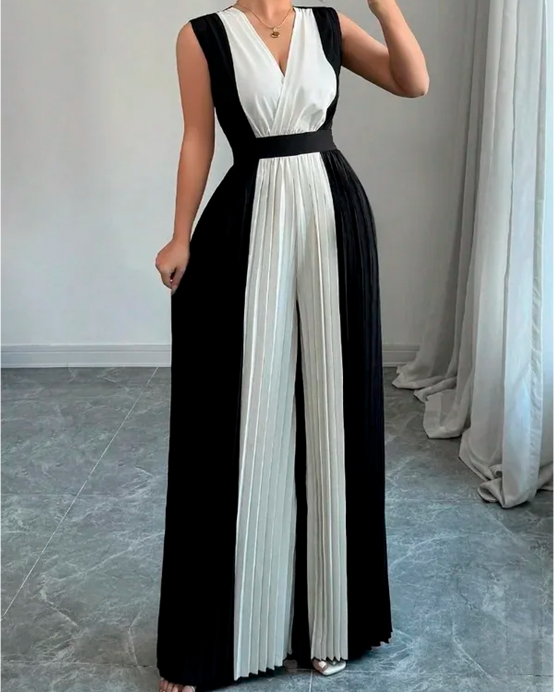 Combinaison Palazzo Plissée Bicolore Décolleté V