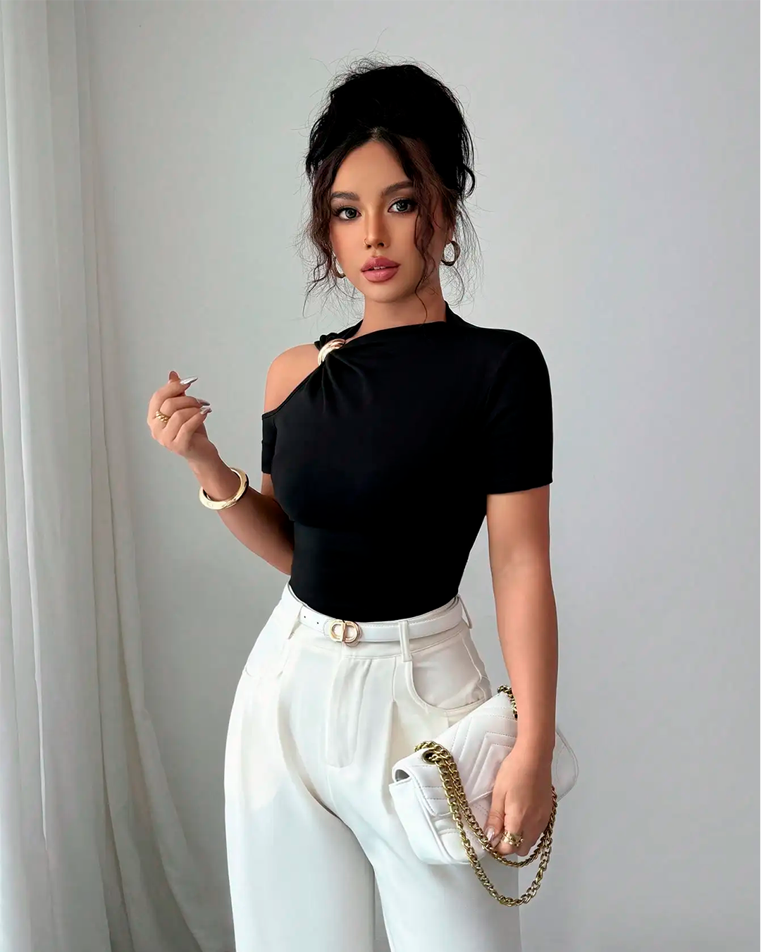 Blouse Épaule Découverte Anneau Métal Ajustée