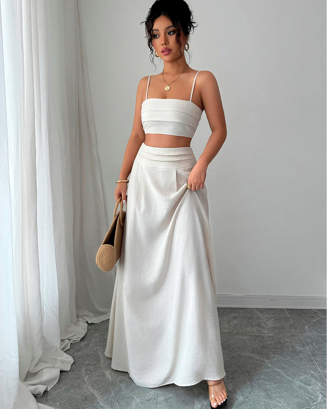 Ensemble Top Court Bretelles Fines Jupe Longue