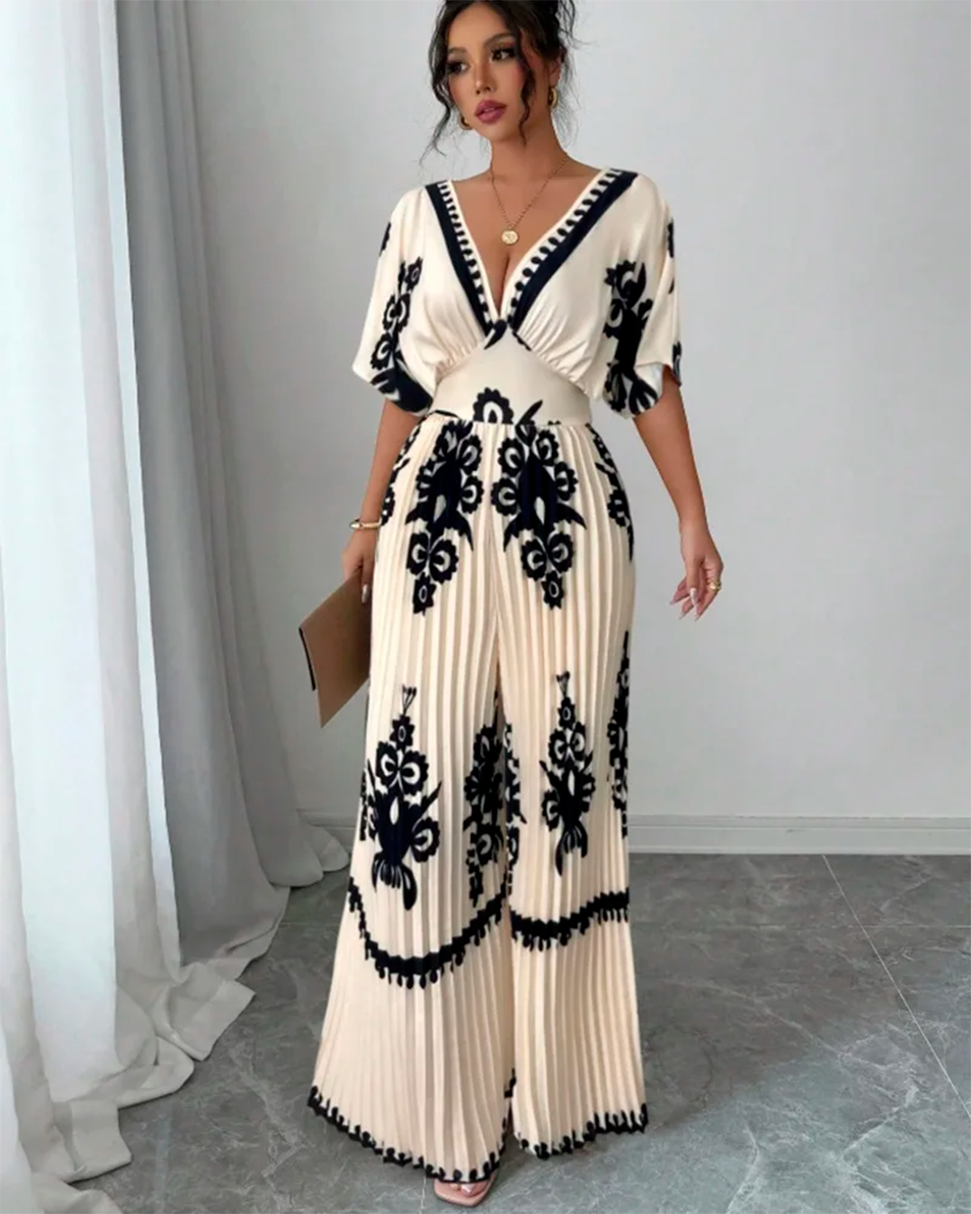 Combinaison Col V Plissé Taille Ceinturée Motifs Apricot