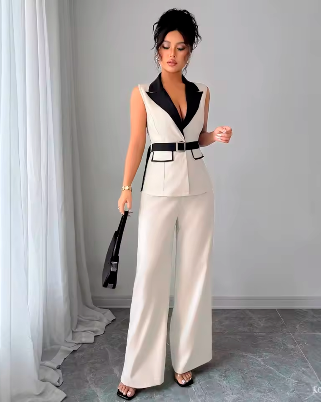 Ensemble Gilet Contrasté Ceinturé + Pantalon Large