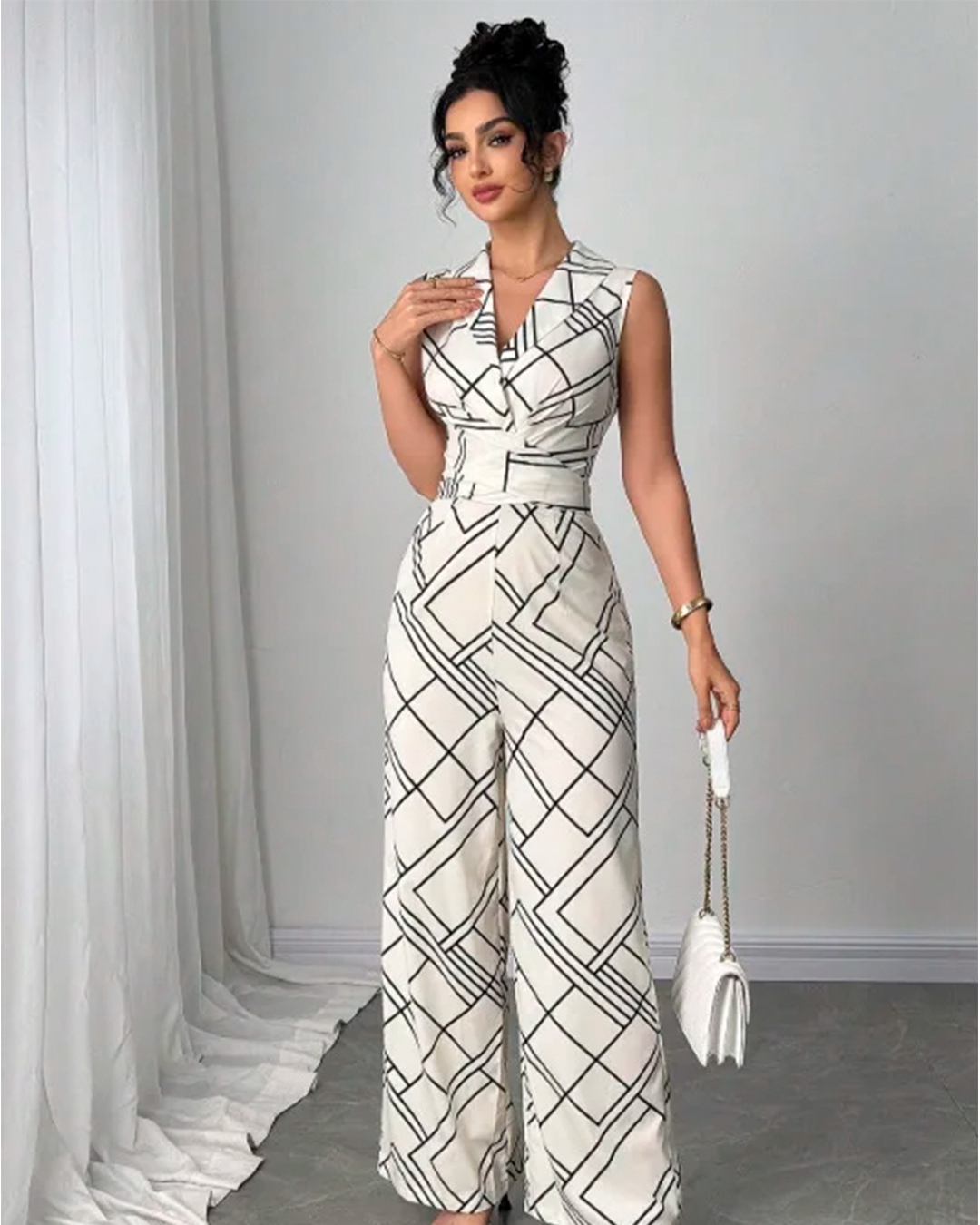 Combinaison Tailleur Imprimée Géométrique Ceinturée V