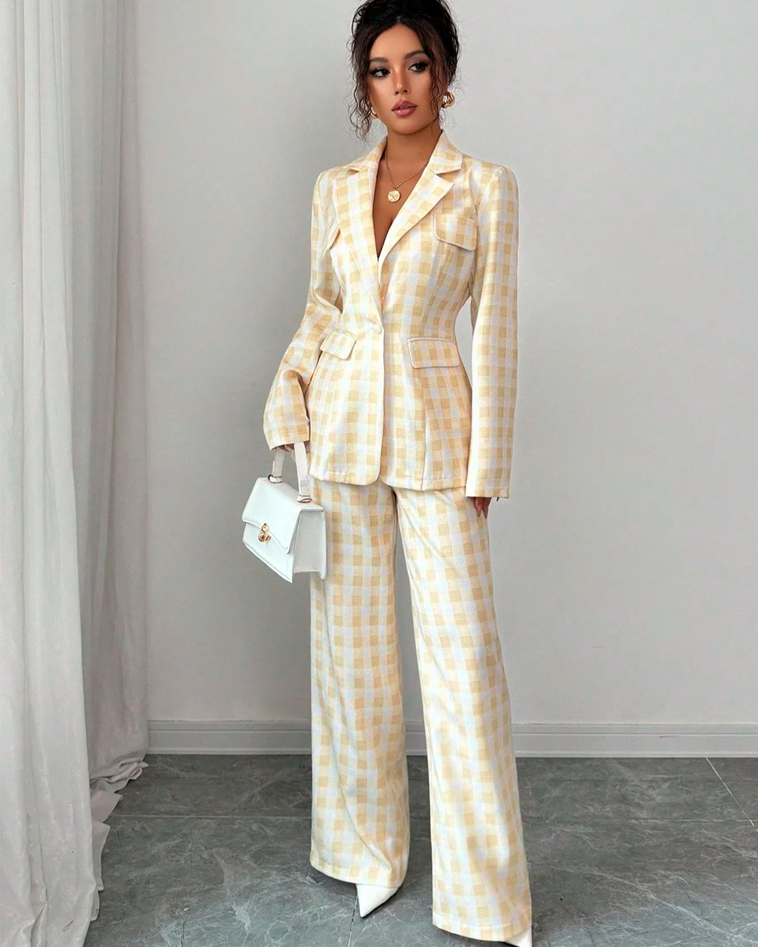 Tailleur Vichy Blazer Cintré Pantalon Large