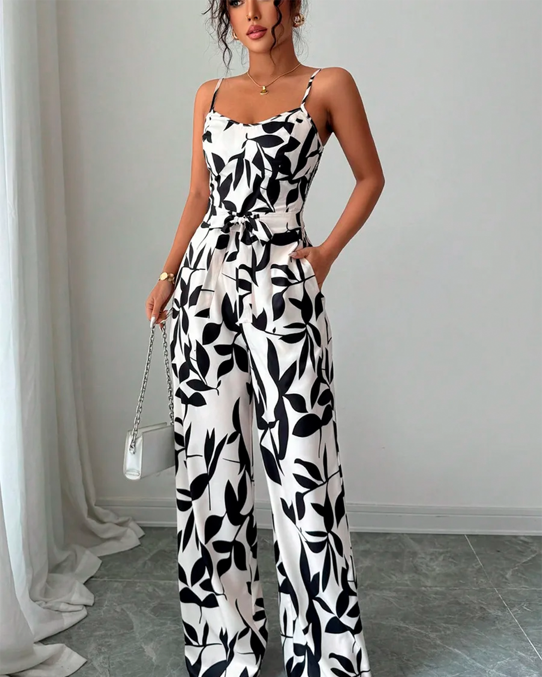 Combinaison Imprimée Feuillage Bretelles Ceinturée