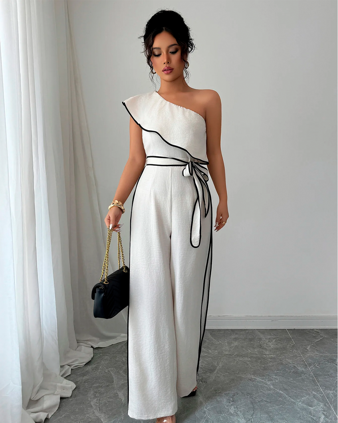 Combinaison Épaule Dénudée Taille Nouée Jambe Large