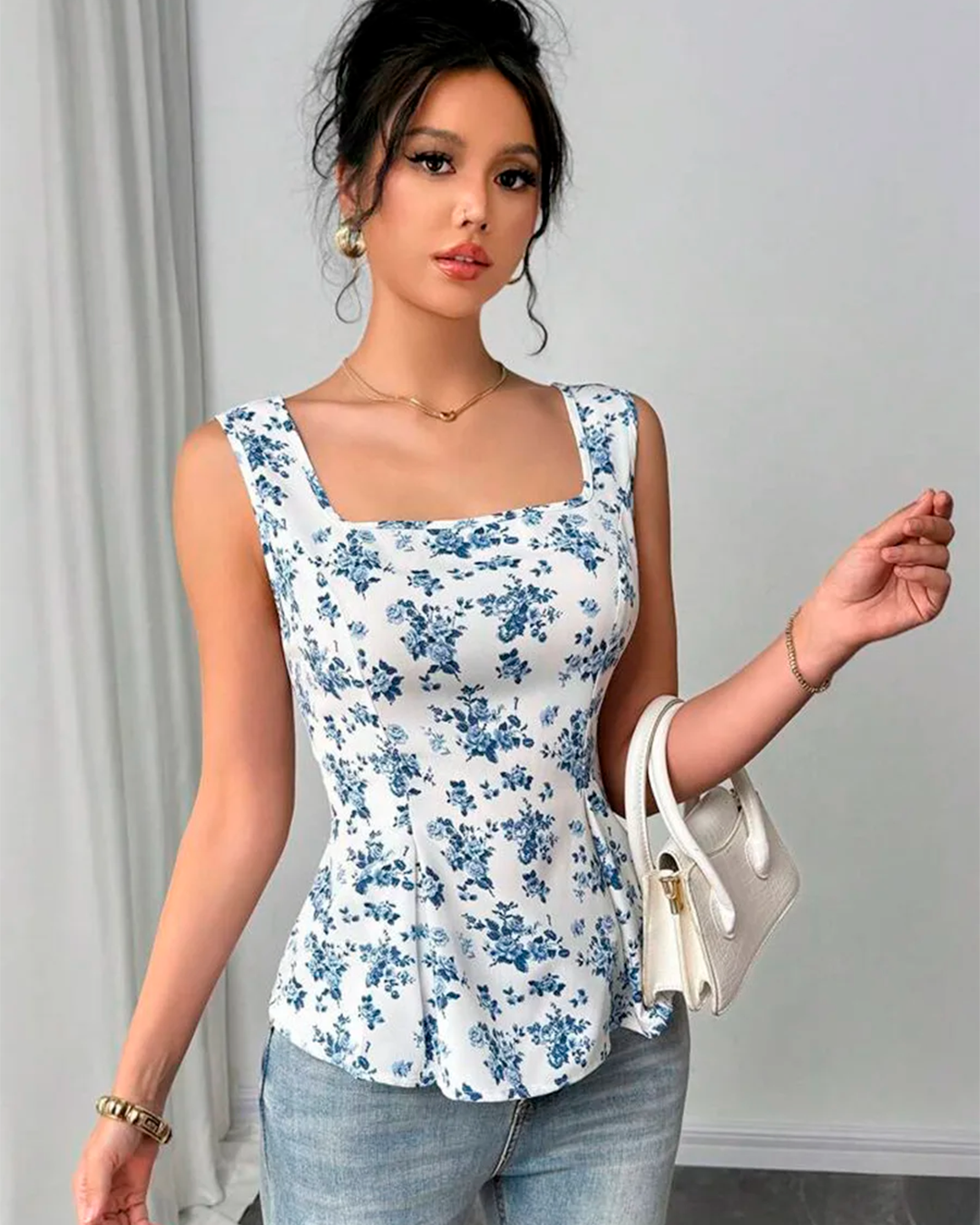 Blouse Col Carré Peplum Imprimé Floral