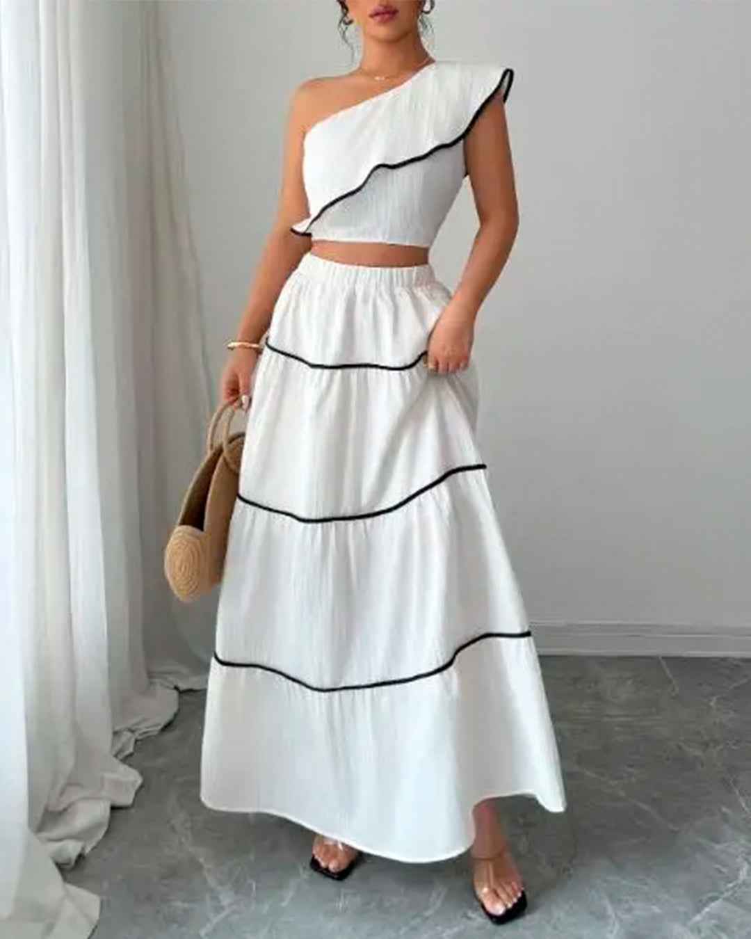 Ensemble Top Une Épaule Jupe Longue Volants