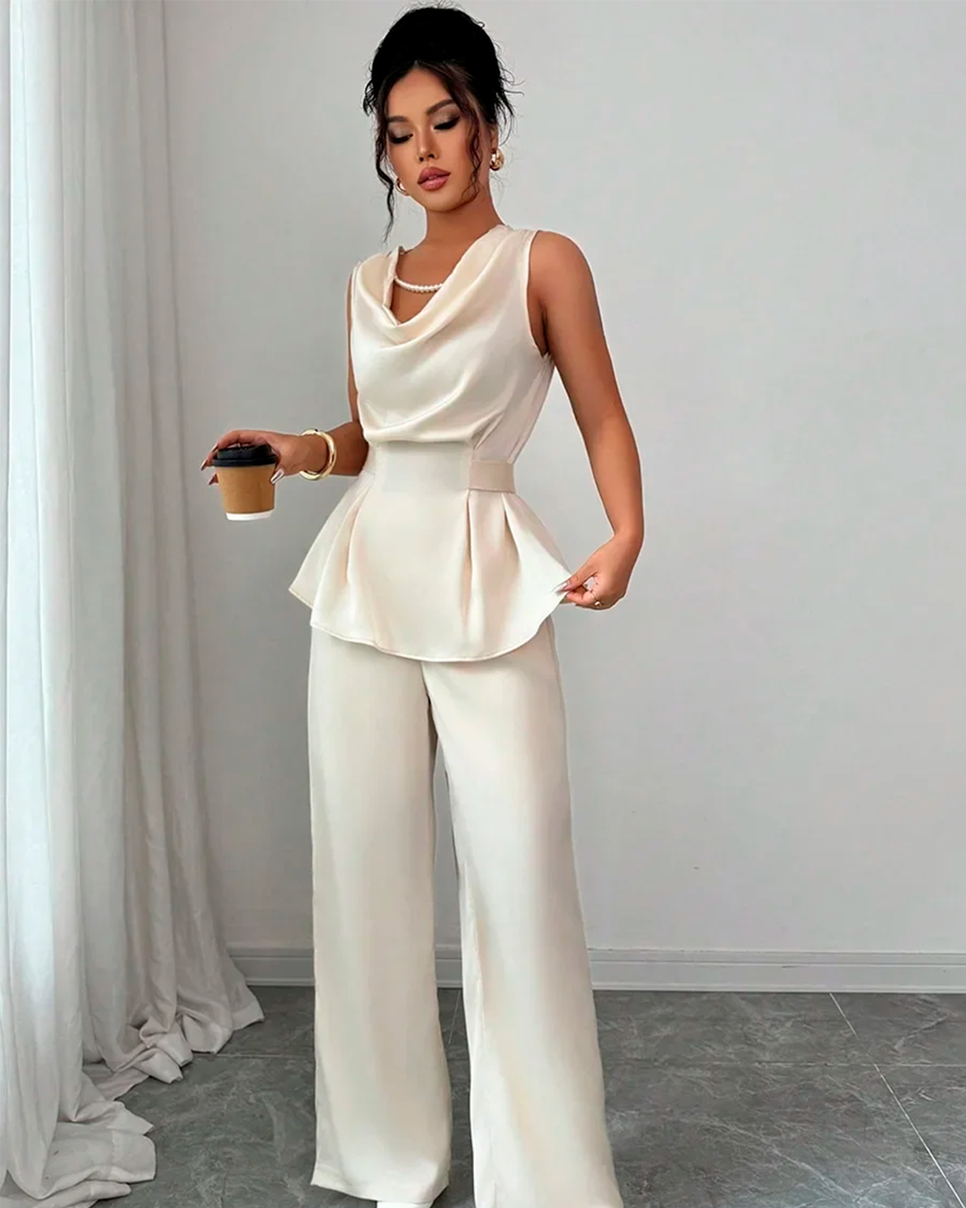 Ensemble Top Col Bénitier Peplum + Pantalon Large