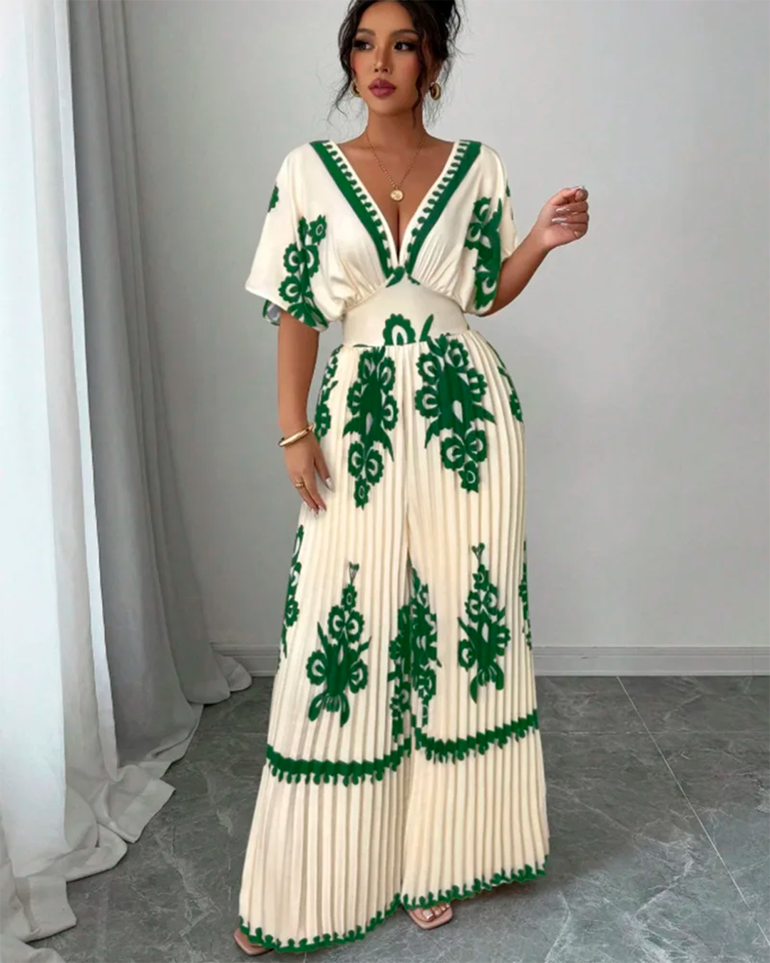 Combinaison Col V Plissé Taille Ceinturée Motifs Vert